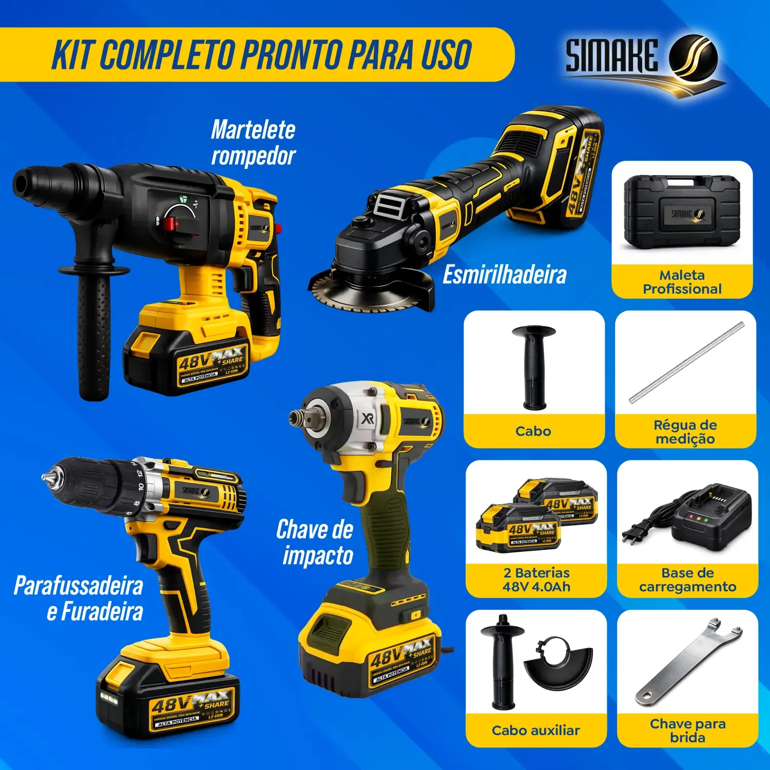 Imagem 4 de Kit Multiferramentas 4 Em 1 | 48V Sem Fio Com 2 Baterias Furadeira Parafusadeira